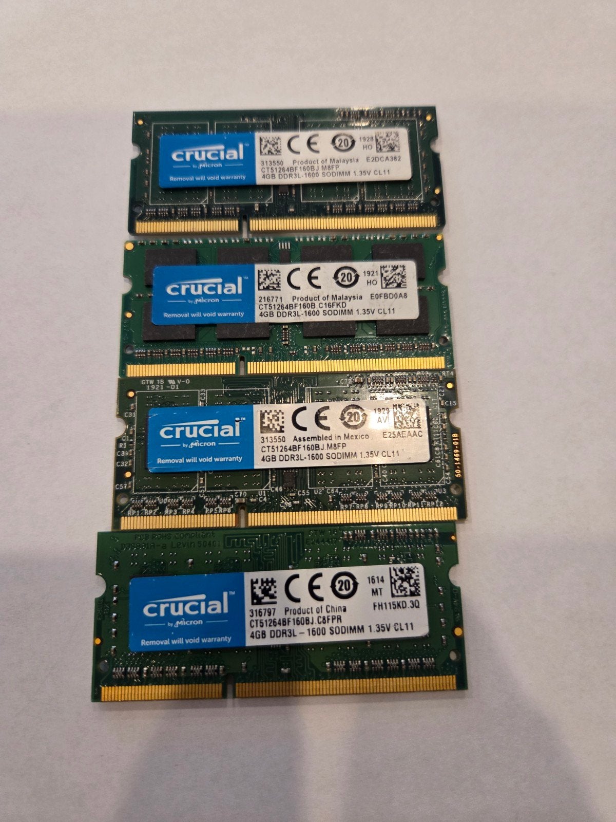 4x 4GB Crucial DDR3L 1600 SODIMM RAM Geheugenmodules, Computers en Software, RAM geheugen, Gebruikt, DDR3, Ophalen of Verzenden