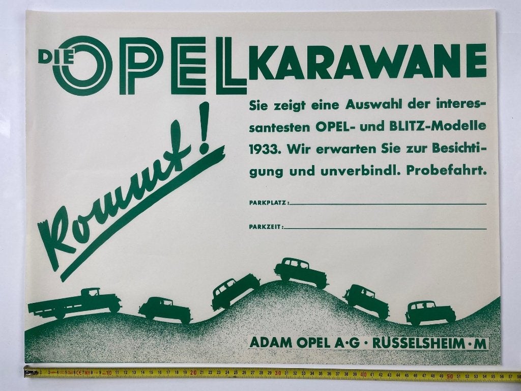 poster die Opel Karawane 1933, Verzamelen, Ophalen of Verzenden, Zo goed als nieuw, A1 t/m A3, Reclame
