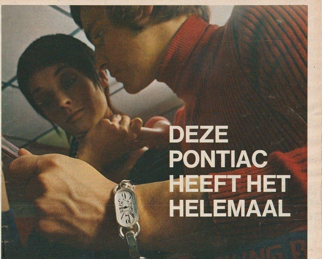 retro reclame 1969 Pontiac horloge simpatico 3 modellen, Verzenden, Overige typen