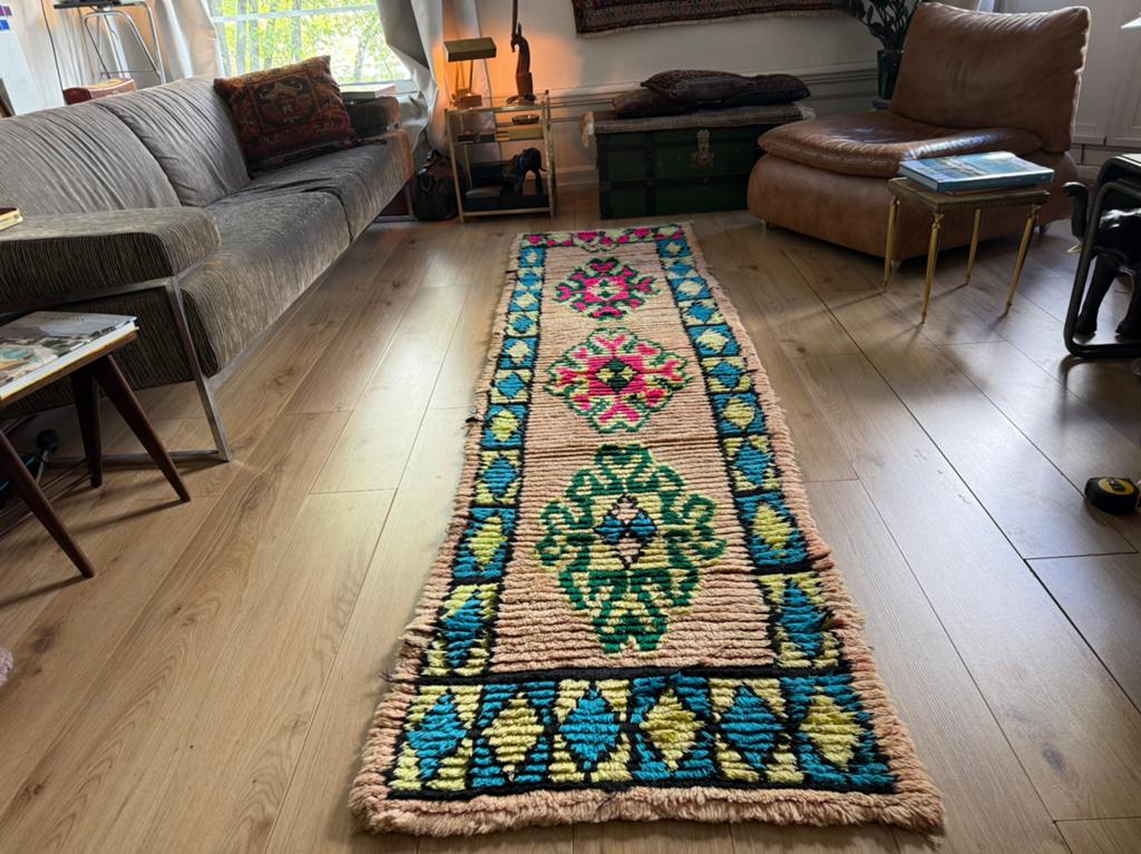 Vintage Marokkaanse loper 280 x 78 cm wol handgeknoopt, Huis en Inrichting, Stoffering | Tapijten en Kleden, Zo goed als nieuw