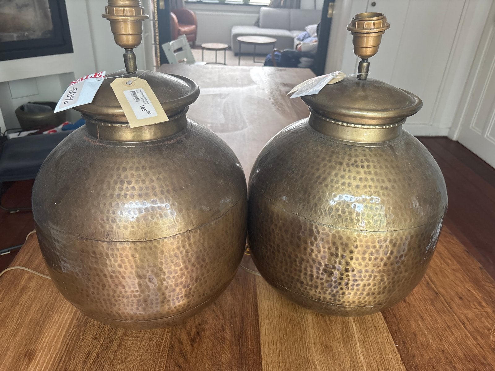 Set van 2 gehamerde messing lampvoeten, Metaal, Nieuw, Ophalen of Verzenden, Goud