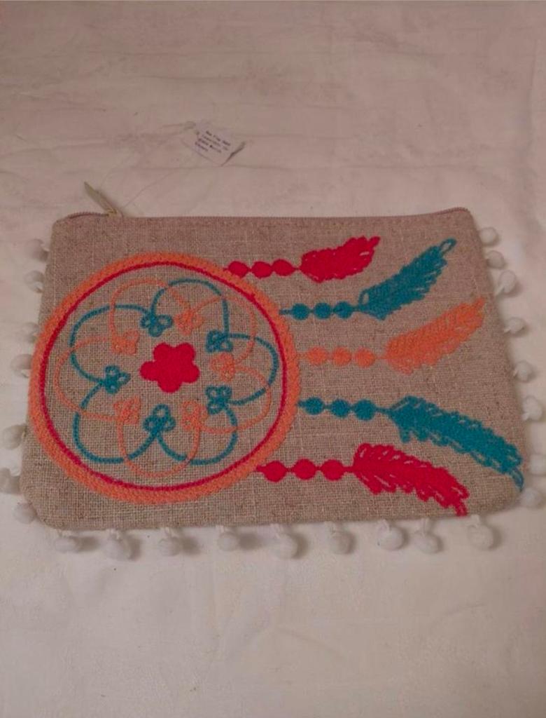 Boho Clutch met Dromenvanger Borduurwerk en Pompons, Ophalen, Nieuw, Beige, Avondtasje