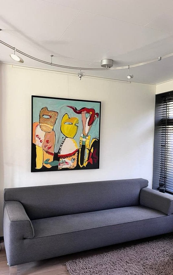 Miriam Slaats ‘Oogopslag van derde man’ 110x110 cm, Ophalen, Ingelijst, Acrylverf