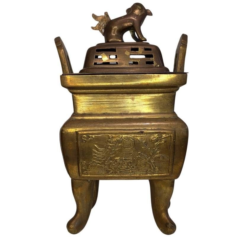 Zware Chinese bronzen wierookbrander met leeuw, Antiek en Kunst, Ophalen of Verzenden, Brons
