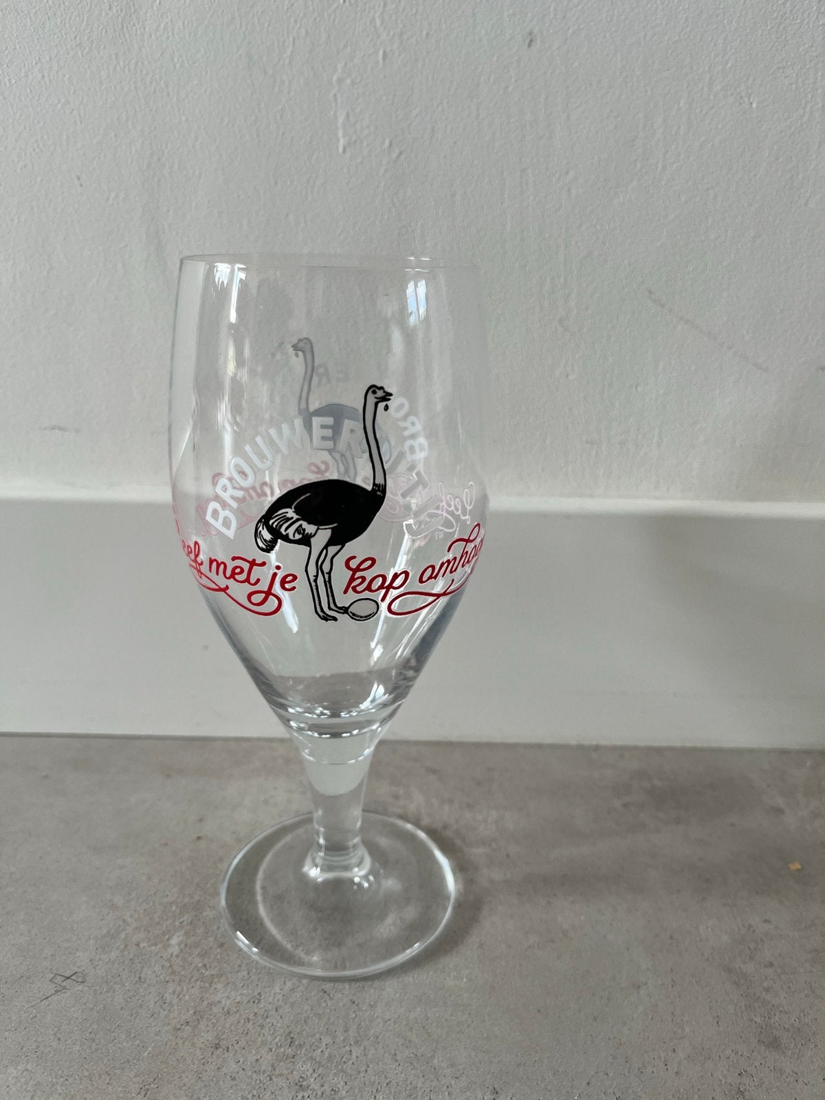 Brouwerij 't IJ bierglas met struisvogel logo, Ophalen of Verzenden, Zo goed als nieuw, Overige merken, Glas