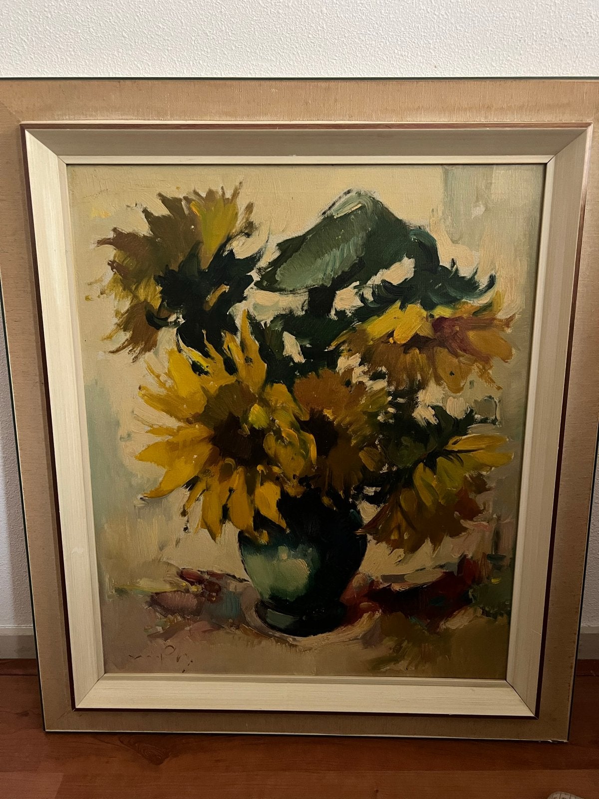 Schilderij zonnebloemen in vaas 75x65cm, Doek, Olieverf, Klassiek, Ingelijst