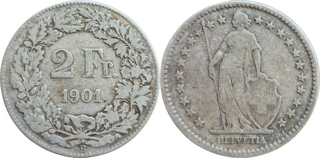 2 Francs 1901, Zwitserland, Helvetia, Ophalen of Verzenden, Overige landen, Losse munt, Zilver