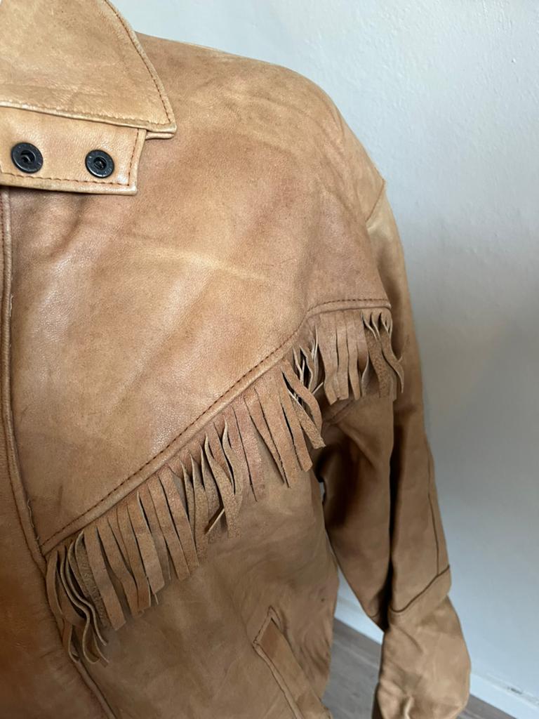 Vintage Altinok lederen jasje met franjes, Kleding | Dames, Jassen | Zomer, Ophalen of Verzenden, Gedragen, Maat 38/40 (M), Bruin
