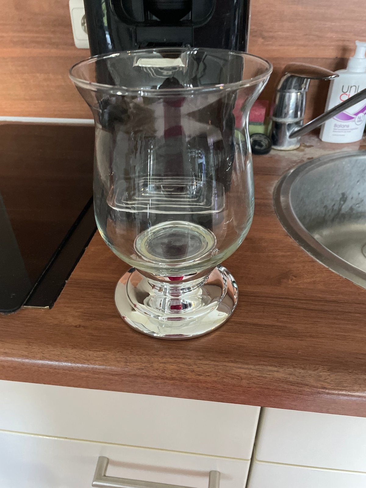 Glazen vaas/windlicht met zilveren voet, Overige kleuren, 50 tot 75 cm, Ophalen of Verzenden, Glas