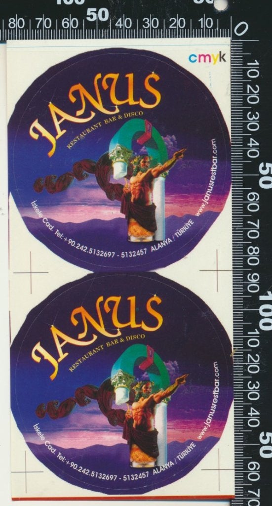 Sticker: Restaurant Bar Disco Janus - Alanya Turkiye (3), Ophalen of Verzenden, Zo goed als nieuw, Bedrijf of Vereniging