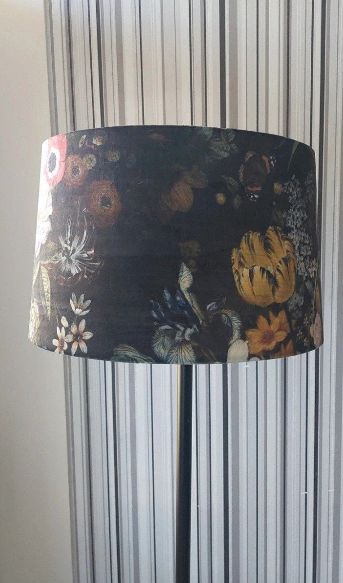Bloemen lampenkap - Donker met kleurrijke bloemen, Gebruikt, Rond, Ophalen of Verzenden, Textiel
