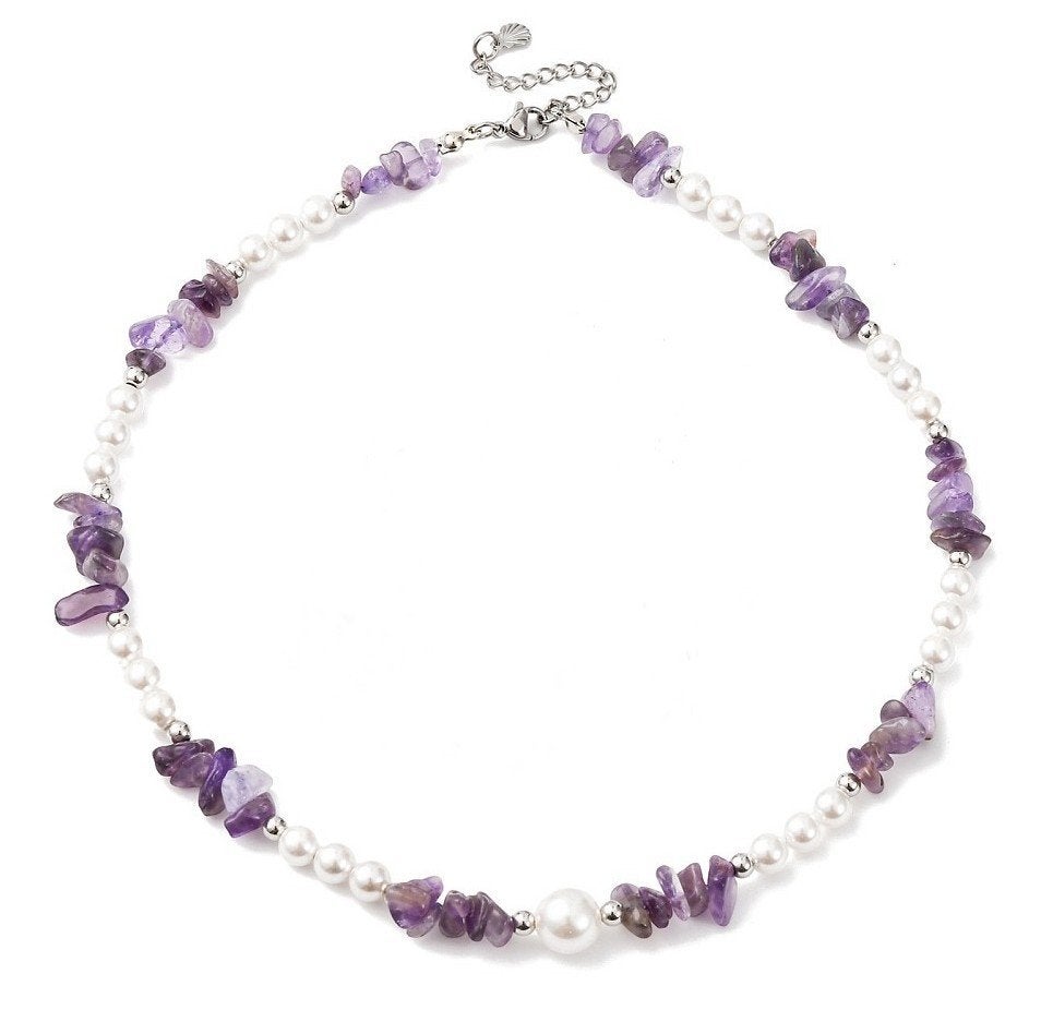 Ketting van amethist en parels, Sieraden, Tassen en Uiterlijk, Kettingen, Zo goed als nieuw, Steen of Mineraal, Paars, Met edelsteen