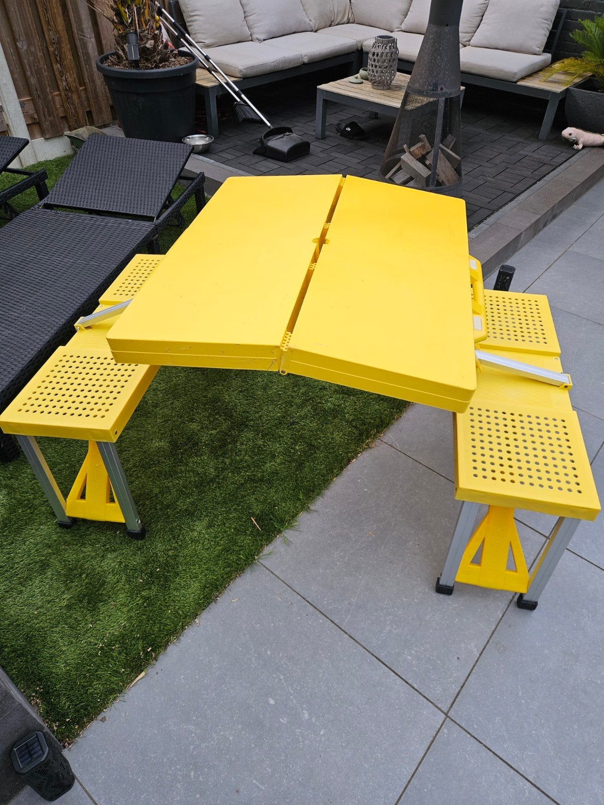 Gele opvouwbare picknicktafel - ideaal voor camping/tuin, Overige materialen, Gebruikt, Ophalen of Verzenden, Inklapbaar