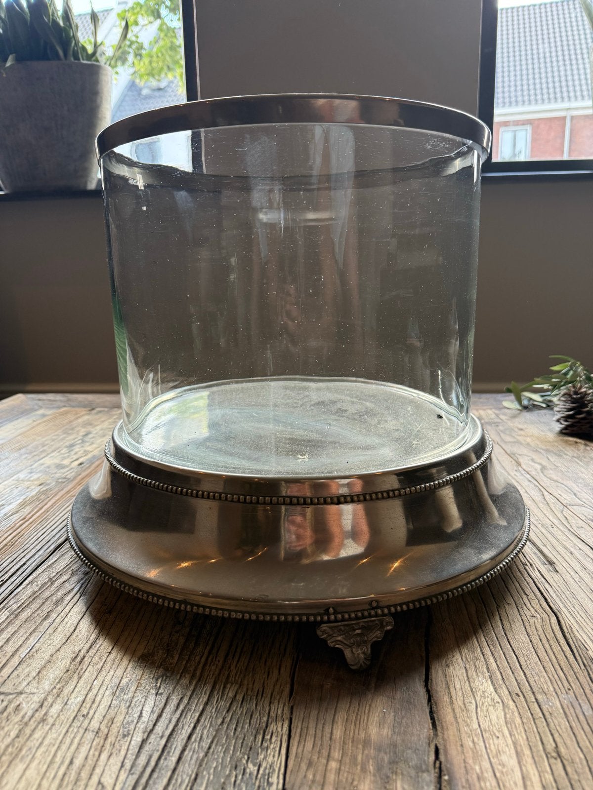 Glazen windlicht XXL met metalen voet Rofra, Ophalen of Verzenden, Glas, Zilver, Klassiek