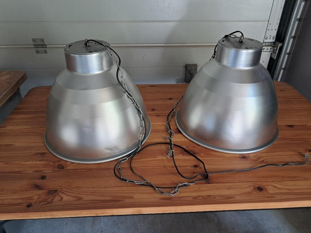 Set van 2 stoere industriële aluminium hang fabriekslampen, Ophalen of Verzenden, Zo goed als nieuw, Metaal