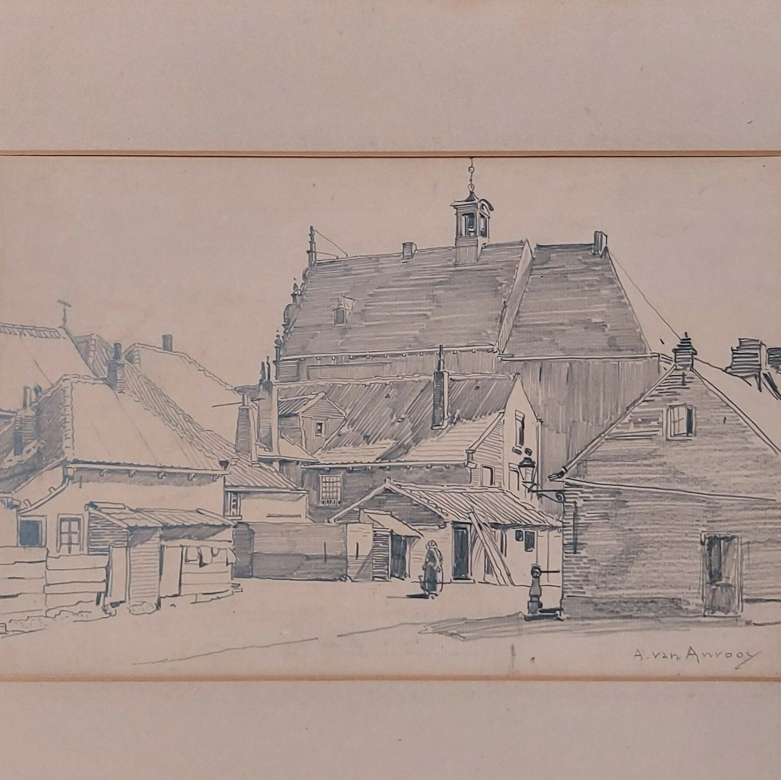 A van Anrooy Anrooij - tekening - Delfshaven ?, Ophalen of Verzenden, Tekening, Pentekening, Gesigneerd