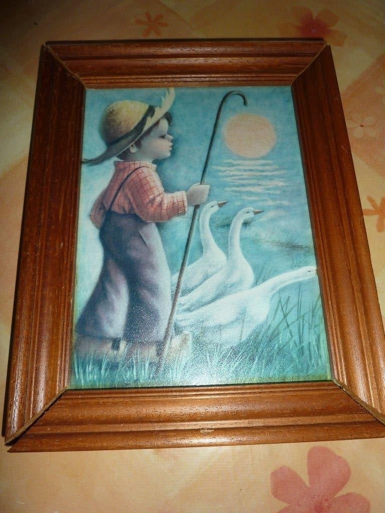 brocant schilderijtje de ganzen hoeder, Antiek en Kunst, Curiosa en Brocante, Ophalen of Verzenden