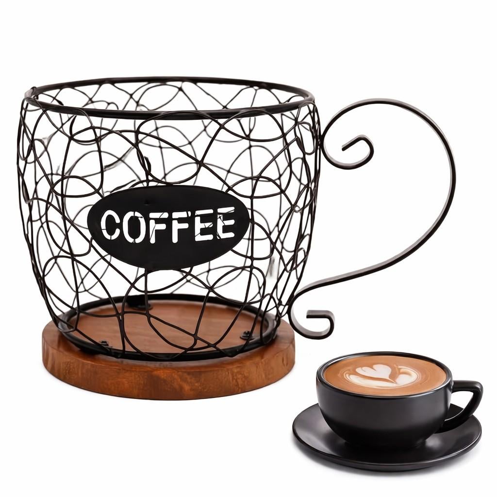 Foto 3 van Zwart metalen koffie-cup houder met houten voet