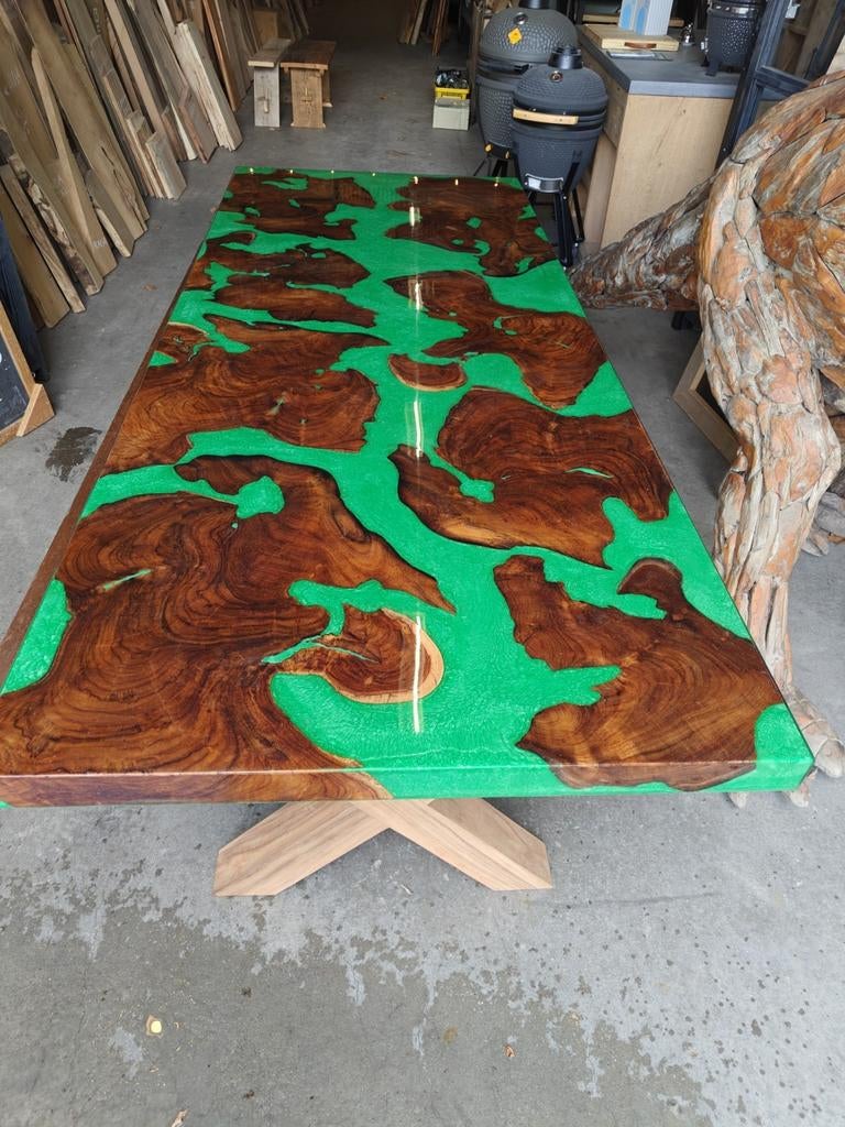 Epoxy tafel 250 x 100 , groen met suarhout., Huis en Inrichting, Tafels | Eettafels, Ophalen, 50 tot 100 cm, Vijf personen of meer