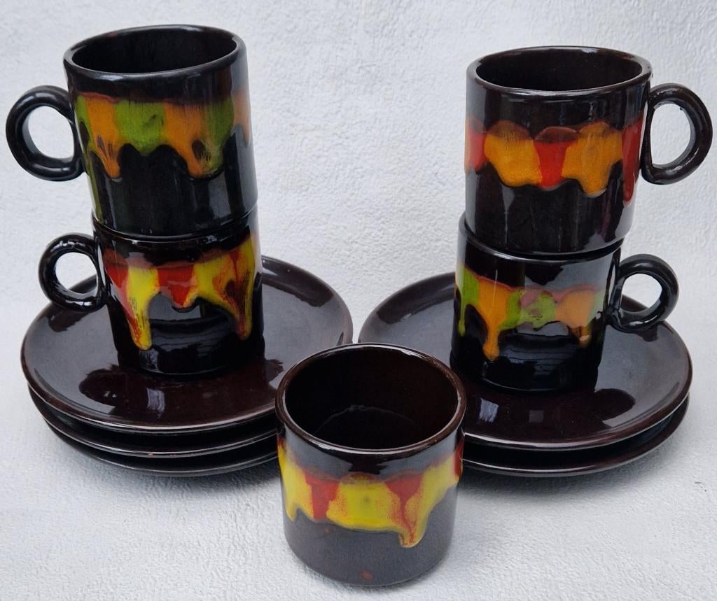 Super Seventies FATLAVA retro servies 5 kekke kop & schotels, Antiek en Kunst, Antiek | Servies los, Ophalen of Verzenden
