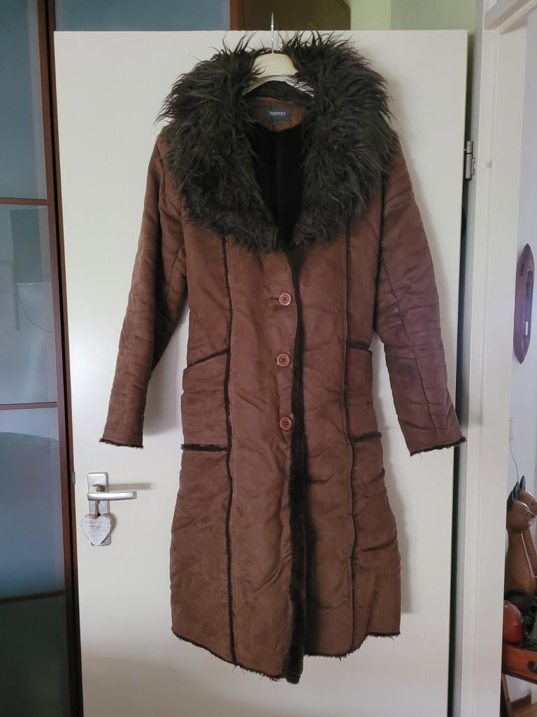 Mooie suède look winterjas met bontkraag - Maat L, Kleding | Dames, Jassen | Zomer, Bruin, Ophalen of Verzenden, Zo goed als nieuw