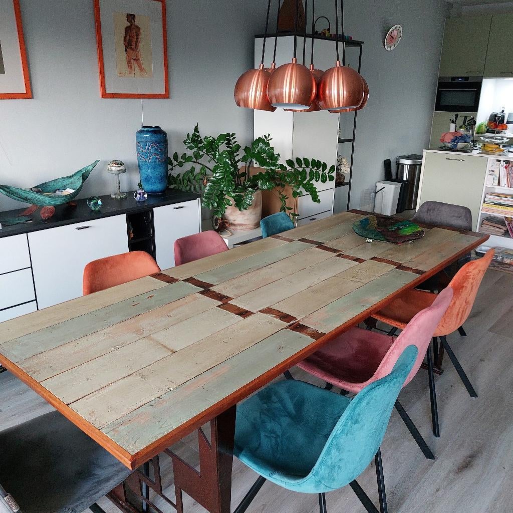 8 pers. tafel, poten van industriële snijplaten incl bezorge, Huis en Inrichting, Ophalen, Gebruikt, 200 cm of meer, 50 tot 100 cm