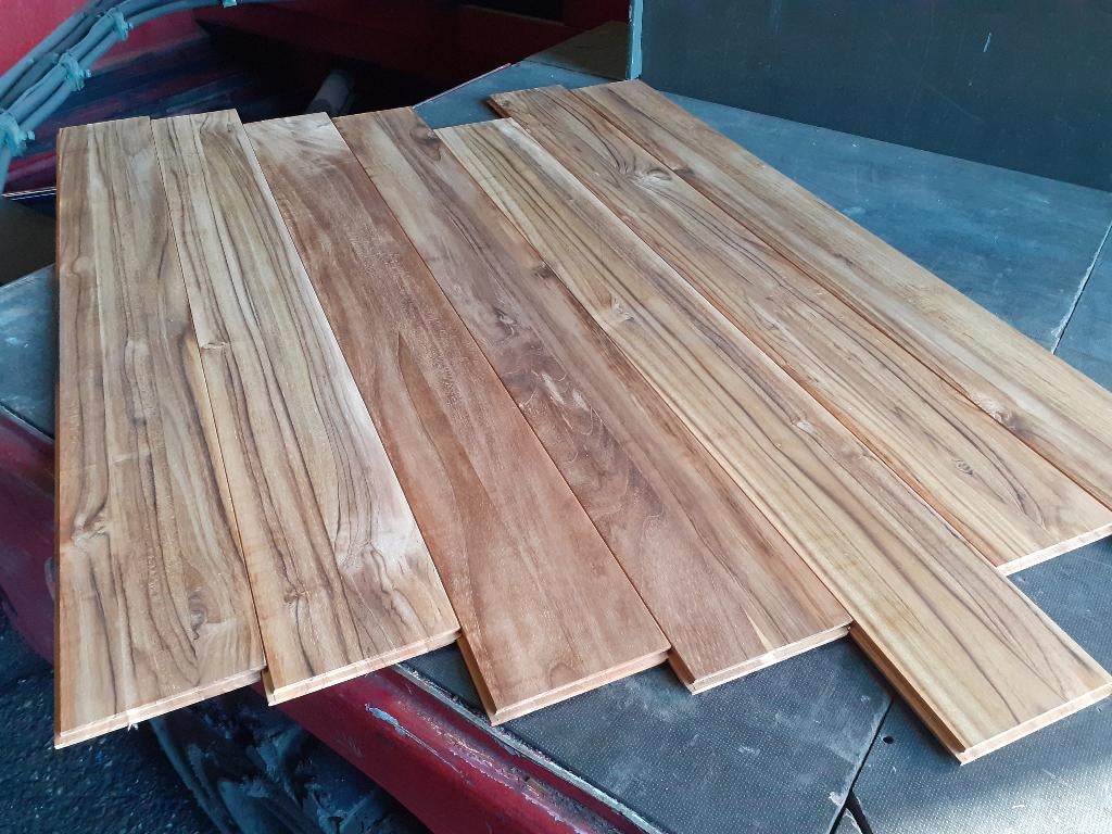 Partij massief Teak vloerdelen 14x140mm - 55m2 - 1250 euro, Ophalen of Verzenden, Minder dan 180 cm, Planken, Hardhout