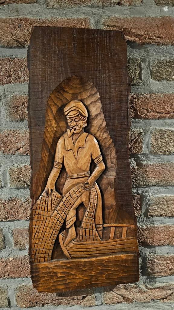 Groot Ambachtelijk houtsnijwerk 60x25cm Visser, Ophalen of Verzenden, Nieuw, Beeld(je)