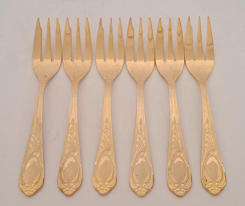 6x taartvorkjes - 23/24 karaat goud verguld - model Wien, Ophalen of Verzenden, Gebruikt, Overige materialen, Los bestek
