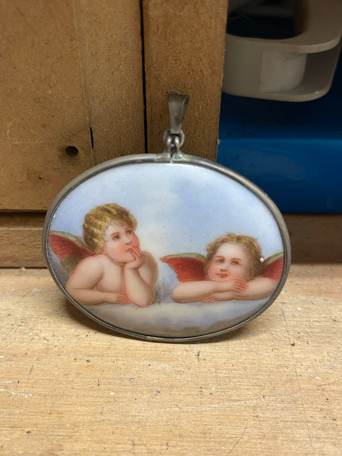 Antiek Medaillon met Engeltjes, Ophalen of Verzenden, Gebruikt, Zilver, Overige voorstellingen