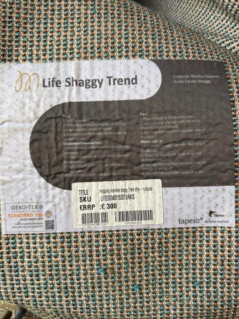Turquoise Shaggy Vloerkleed - Life Shaggy Trend, Ophalen, Blauw, 150 tot 200 cm, 200 cm of meer