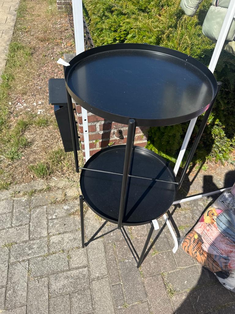 2 zwarte bijzettafels, Minder dan 55 cm, Gebruikt, Metaal of Aluminium, Rond