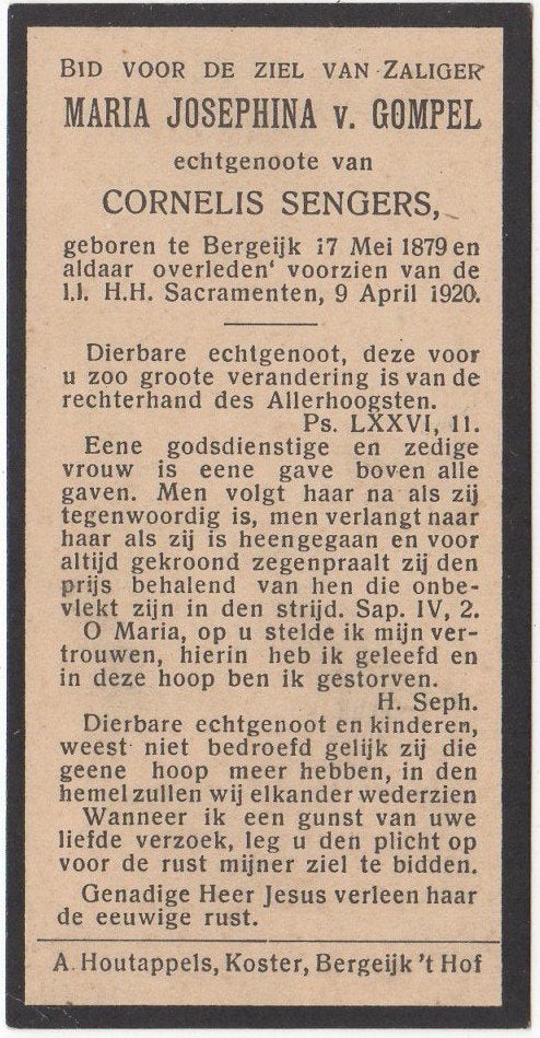 Maria J. van Gompel 1879 Bergeijk + 1920 Bergeijk, 40 jaar, Ophalen of Verzenden