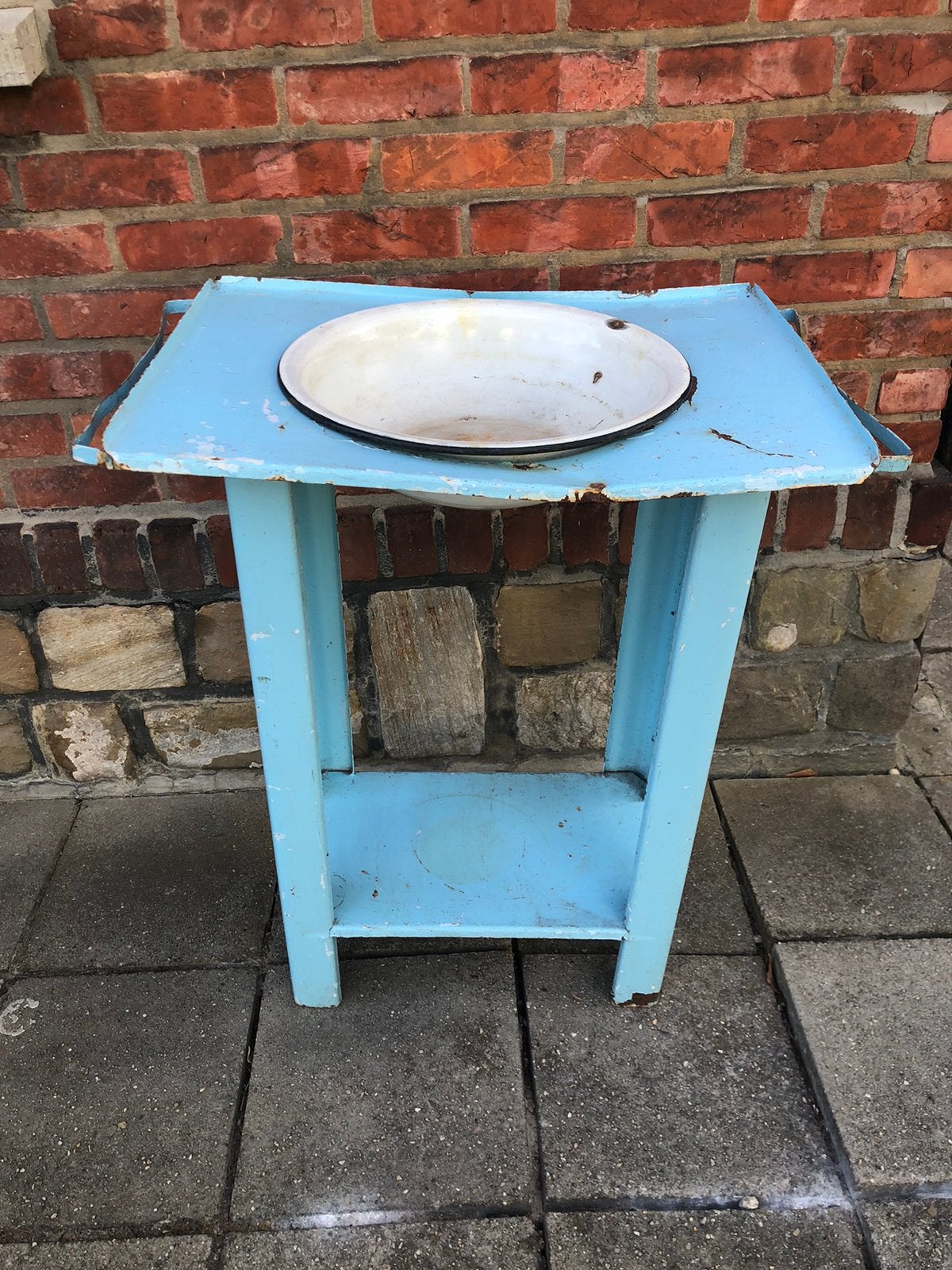 Baby blauw blikken was tafeltje met emaille schaal, Ophalen of Verzenden