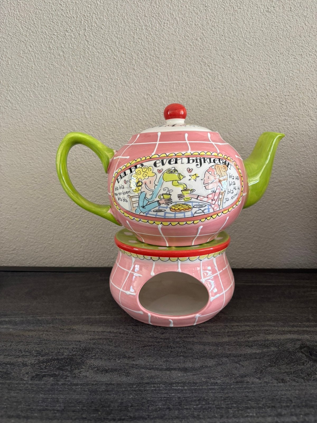 Blond Amsterdam theepot + theelicht warmer + ovenwanten, Ophalen, Gebruikt