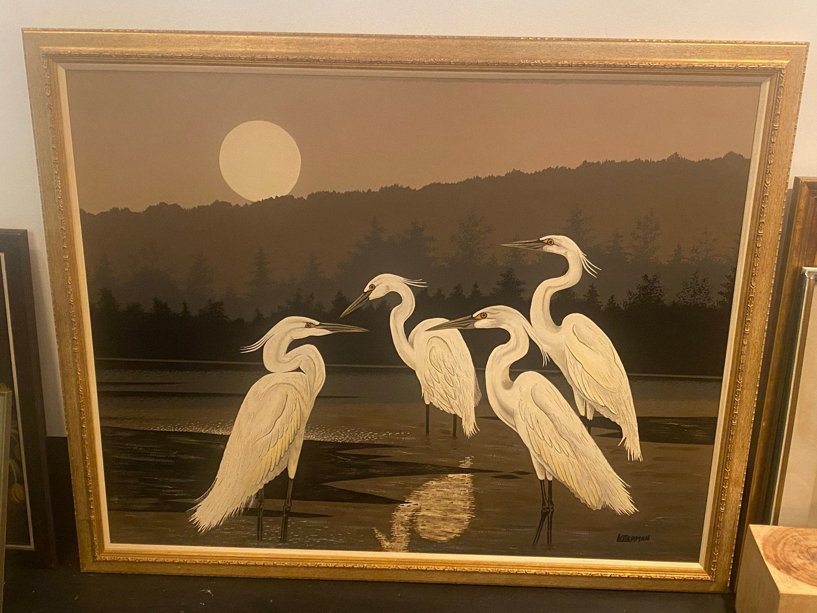 Schilderij met reigers bij maanlicht, Ophalen, Doek, Realistisch, Dieren