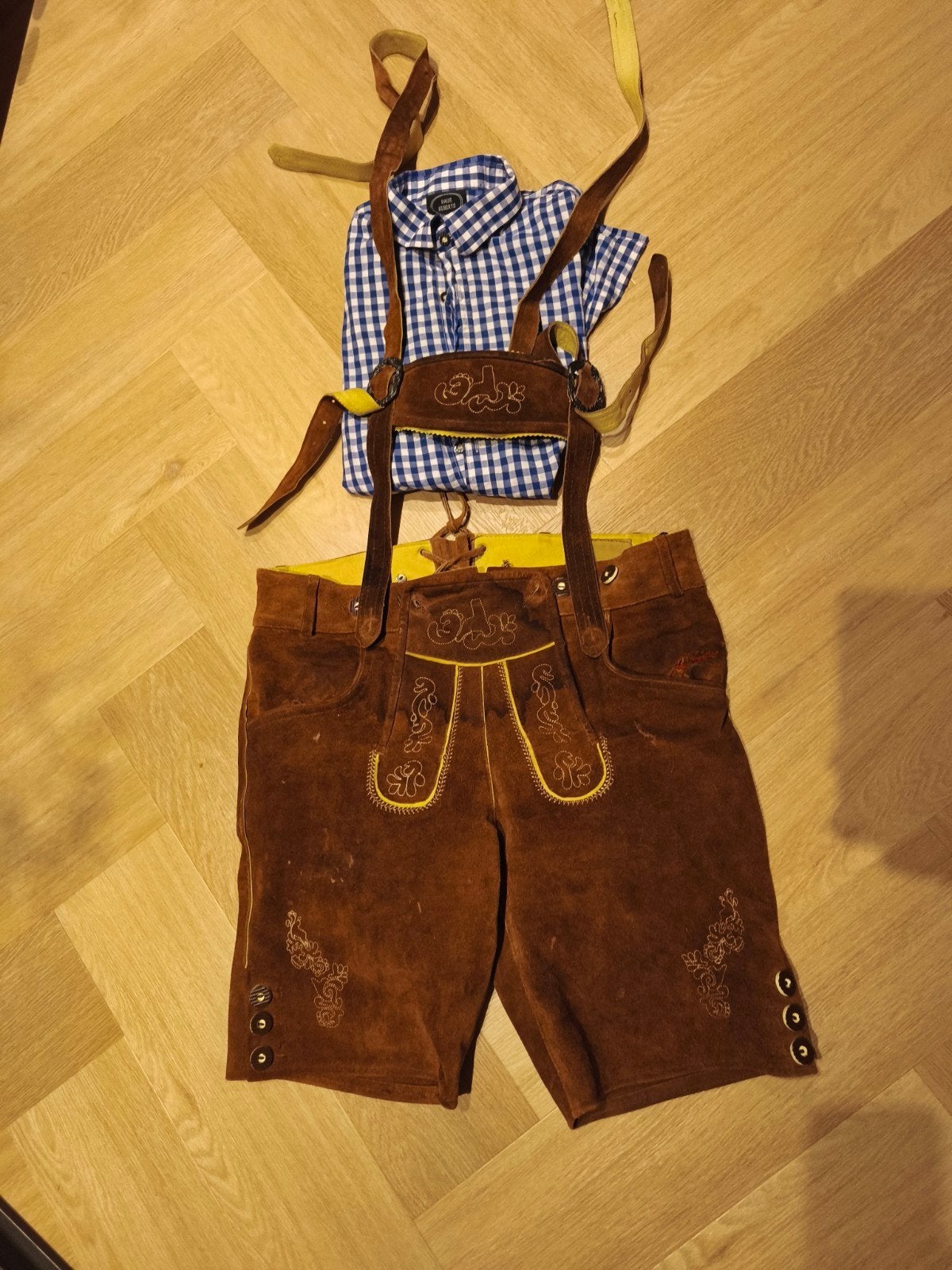 Lederhosen maat 50 met blouse maat M, Ophalen, Tannhäuser, Bruin, Maat 48/50 (M)