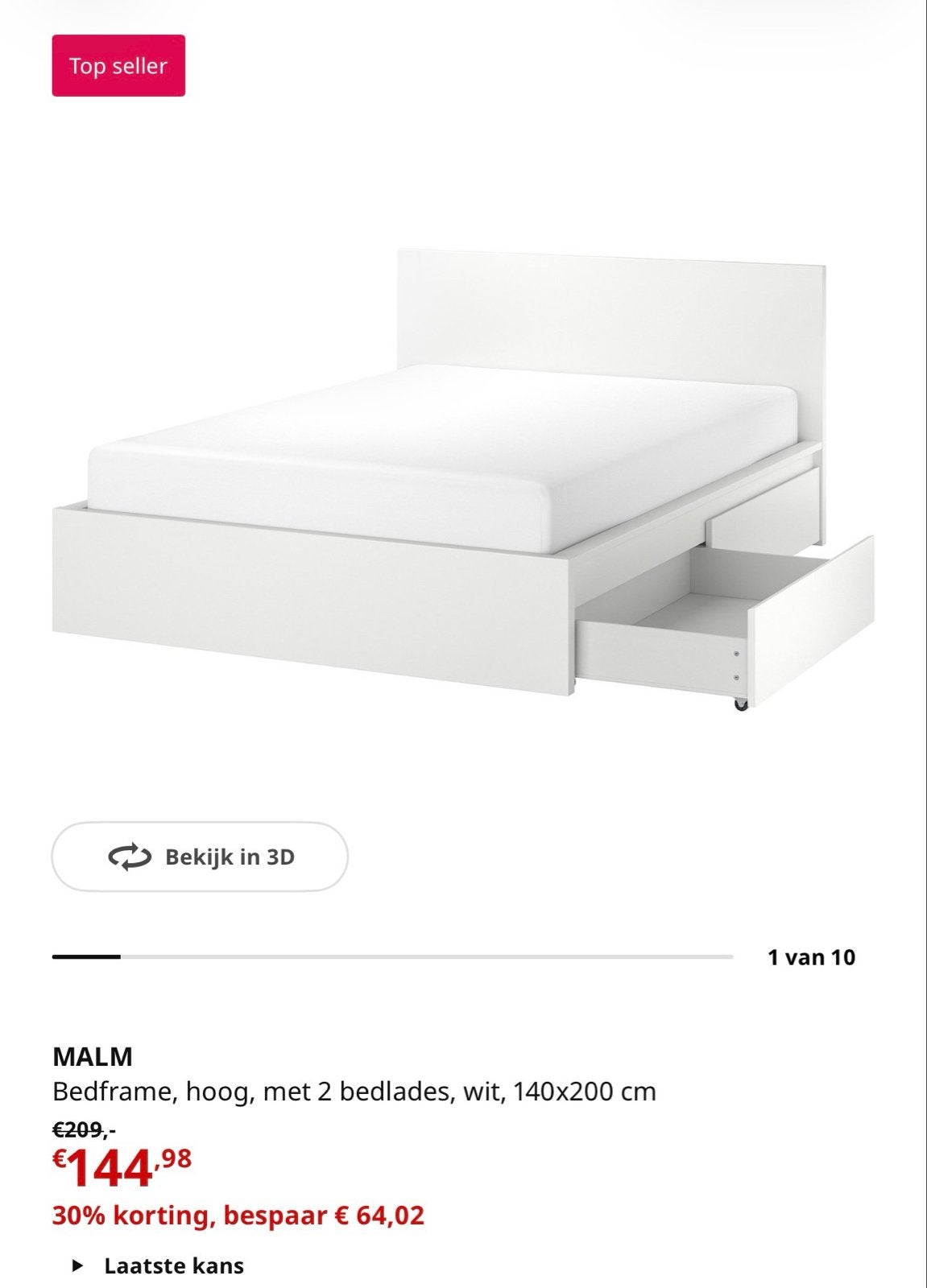 IKEA MALM Bedframe wit met 2 lades en lattenbodem, Ophalen, Gebruikt, Wit, Tweepersoons