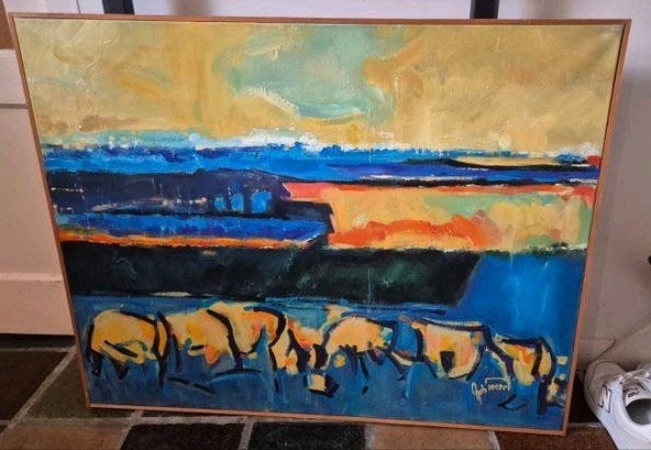 Abstract schilderij van koeien in landschap - Rob Toeset, Ophalen