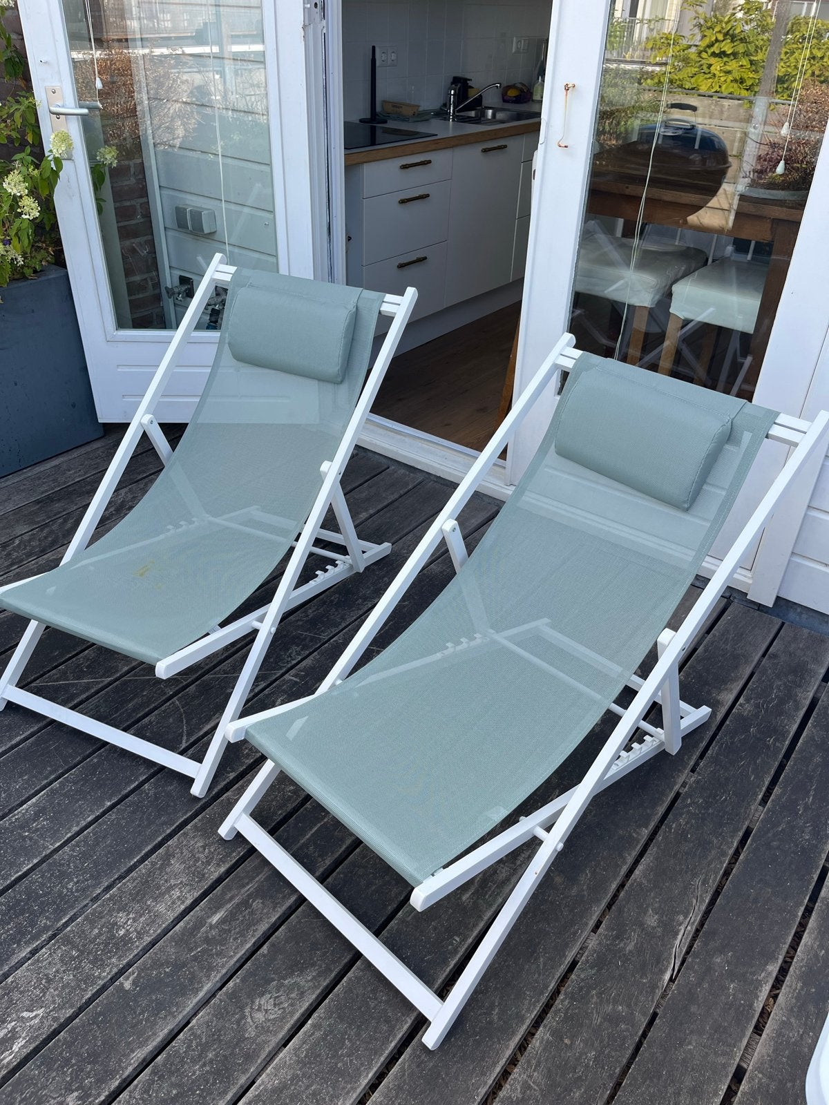 Sklum deckchairs - ligstoelen (2 stuks), Ophalen, Gebruikt, Textileen, Inklapbaar