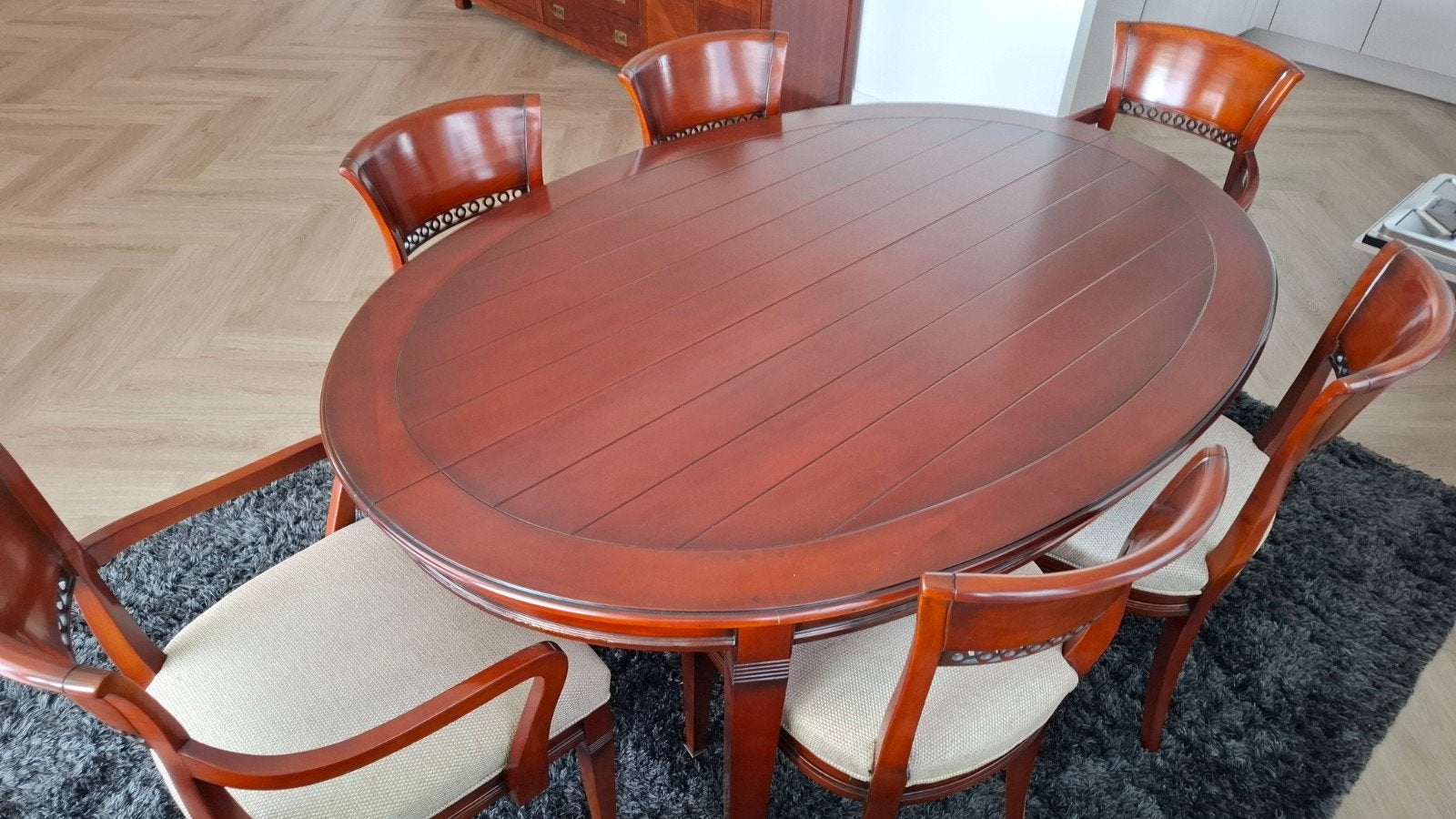 Kersenhouten eettafel met 6 stoelen., Ophalen, Gebruikt, 100 tot 150 cm, Klassiek