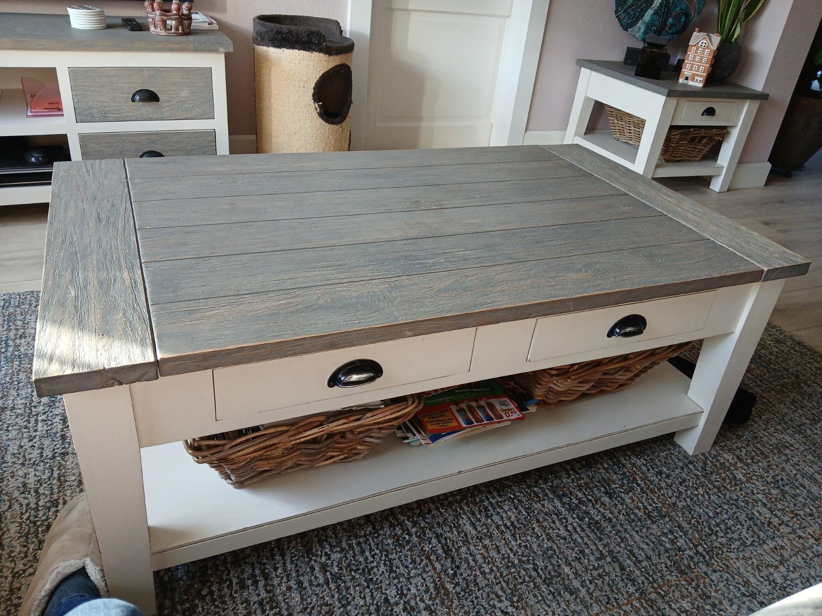 Salontafel met 2 lades en 2 rieten manden - 120x70x45 cm, Huis en Inrichting, Ophalen, Gebruikt, 100 tot 150 cm, 50 tot 100 cm