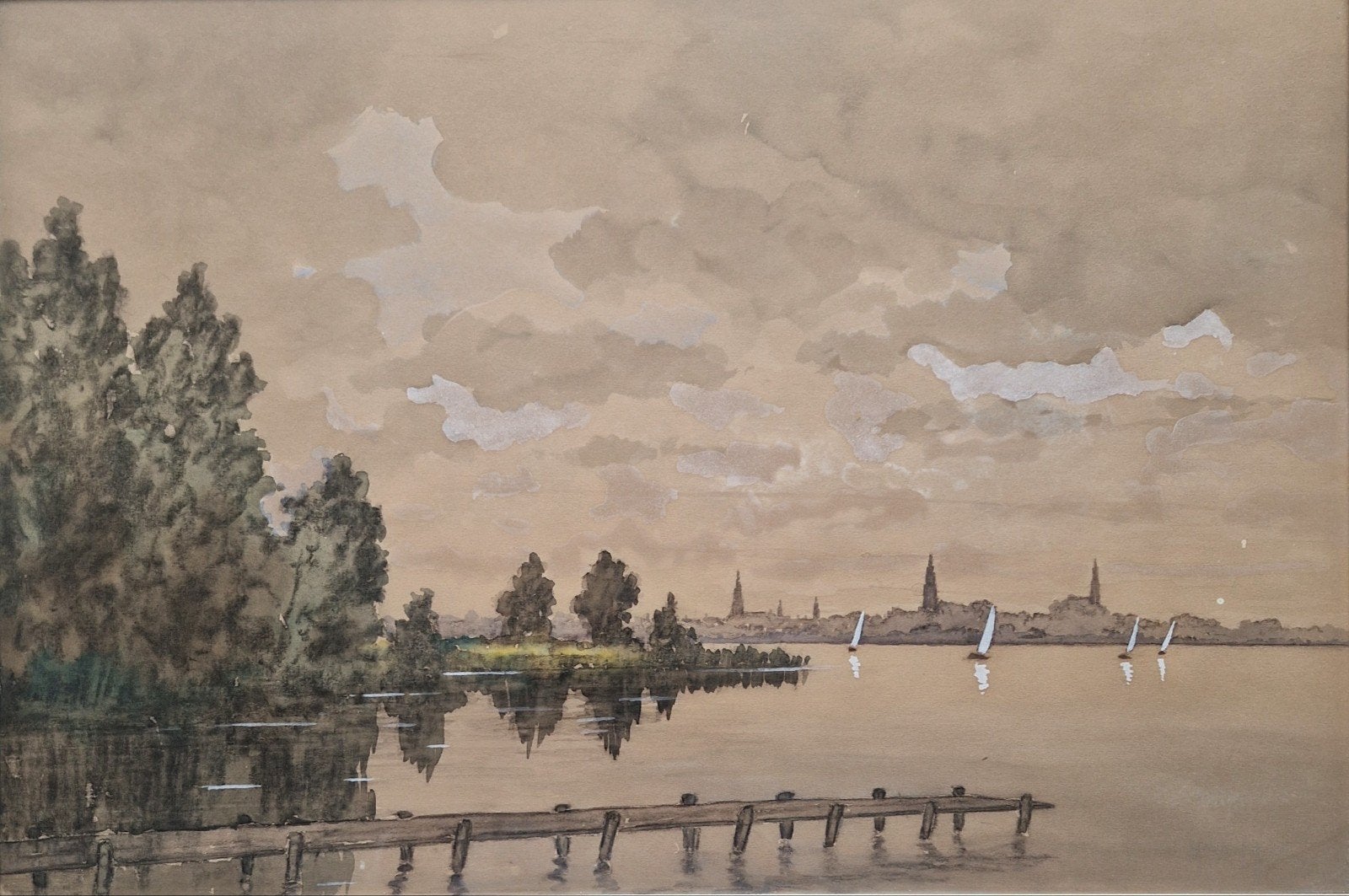 Aquarel Paterswoldsemeer met zicht op de stad Groningen, Achter glas, Impressionistisch, Ophalen of Verzenden, Landschap