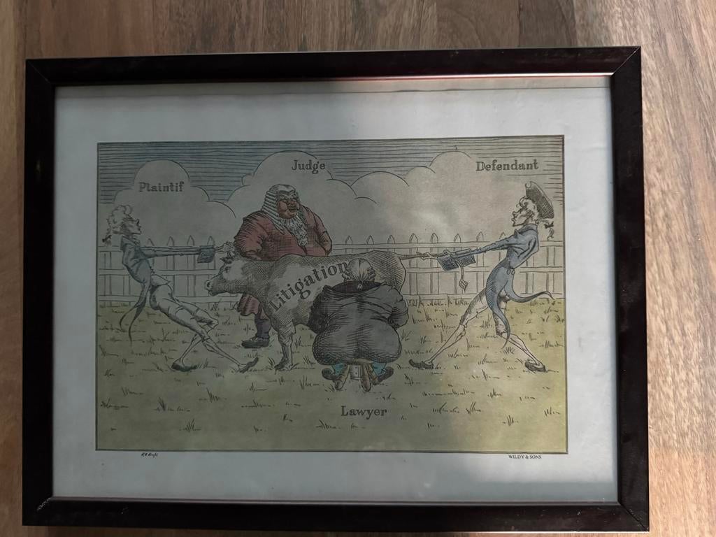 Gekleurde Gravure: 'Litigation' - Juridische Karikatuur, Handgekleurd, Dagelijks leven, 1800 - 1899, Ophalen of Verzenden