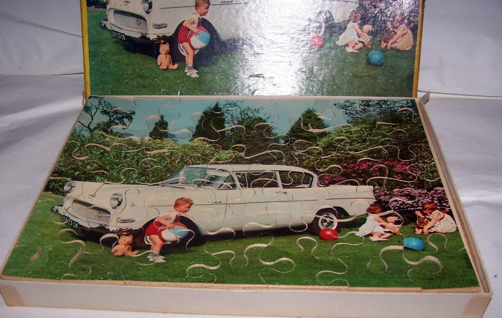 Vintage Houten Legpuzzel met Opel Rekord P1 en Kinderen., Ophalen of Verzenden