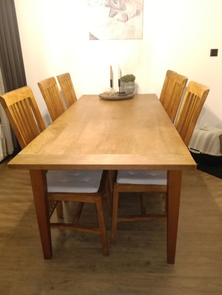 eettafel licht eiken (evt. met 6 teak stoelen), Huis en Inrichting, Gebruikt, Klassiek, Eikenhout, 200 cm of meer