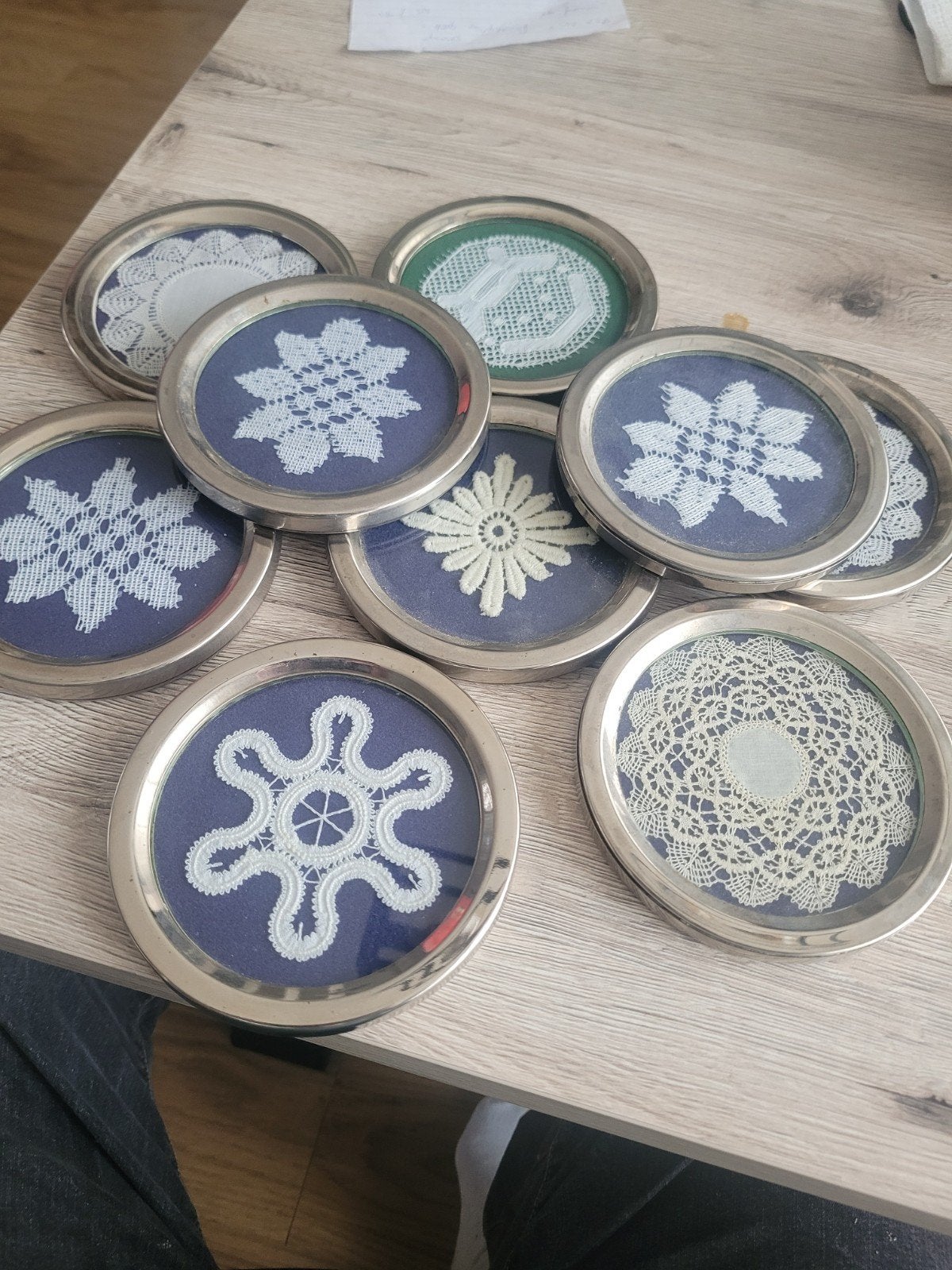 Vintage onderzetters met kant, set van 10 stuks, Ophalen, Vintage, Gebruikt, Blauw