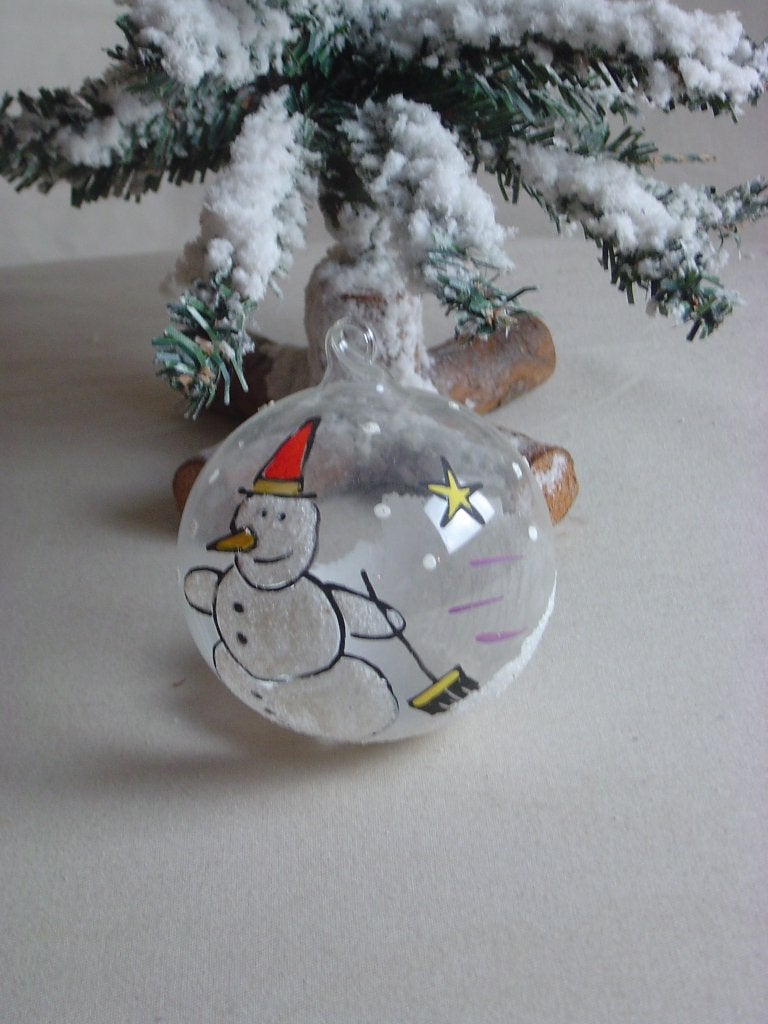 Vintage glazen kerstbal met sneeuwpop en glazen oogje, Ophalen of Verzenden, Gebruikt