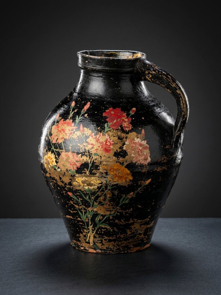 Antieke Terracotta kruik Zwart Beschilderd met Bloemen., Ophalen