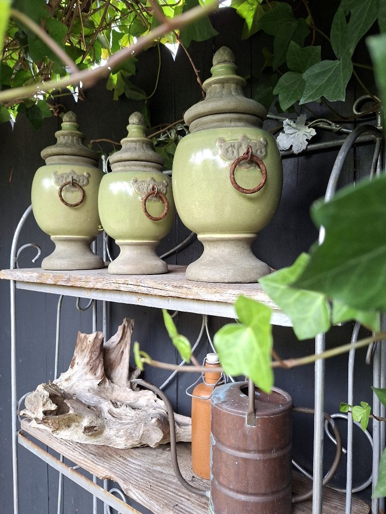 set potten voor landelijk/klassiek/brocante interieur, groen, Ophalen, Gebruikt, 35 cm, Met deksel